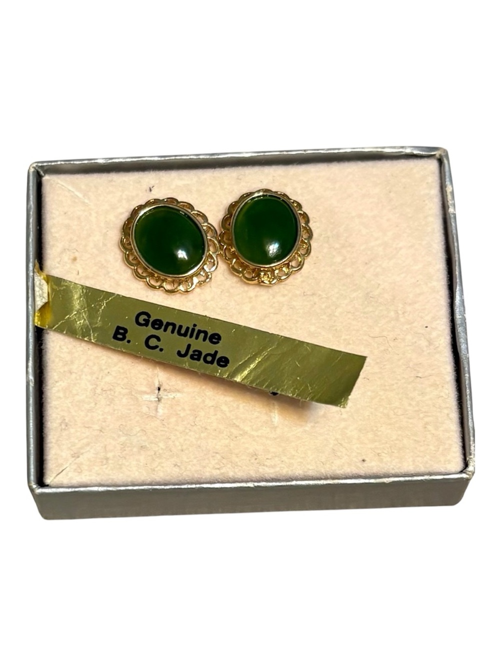 Genuine B.C. Jade Green NIB Gold-Trim Earrings